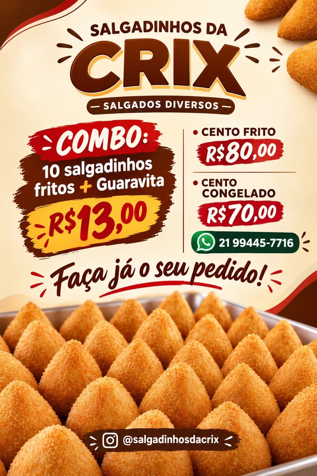Divulgação da Salgadinhos da Crix: combo de salgadinhos com Guaravita, preços do cento e WhatsApp